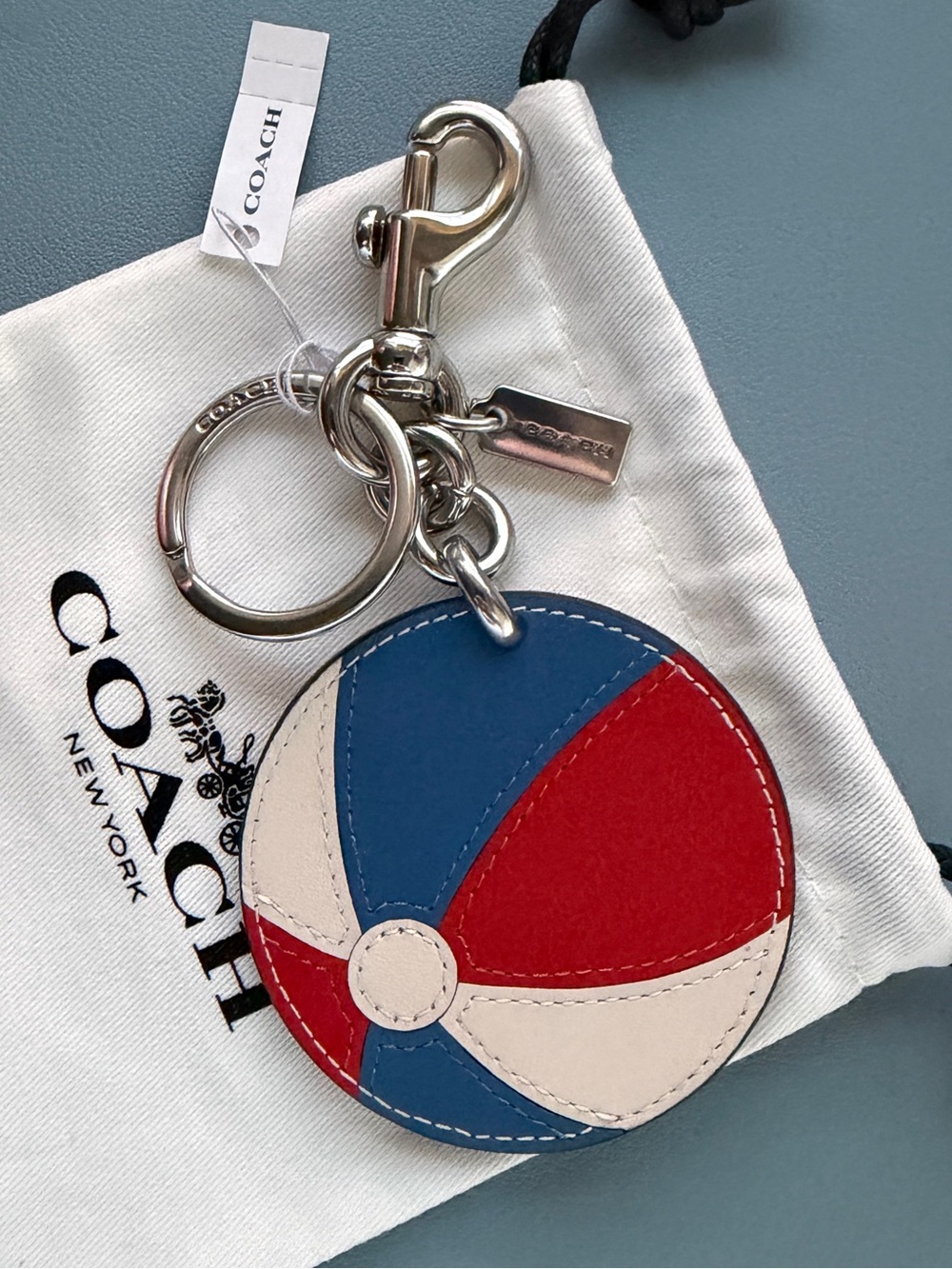Coach Beach Ball Leather Bag Charm Key Ring Silver Hangtag